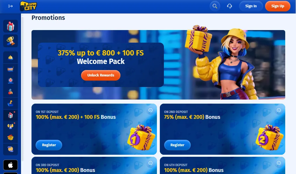 Screenshot of Spin City's welcome bonus offer