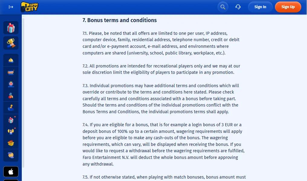 Screenshot of Spin City's bonus terms and wagering requirements