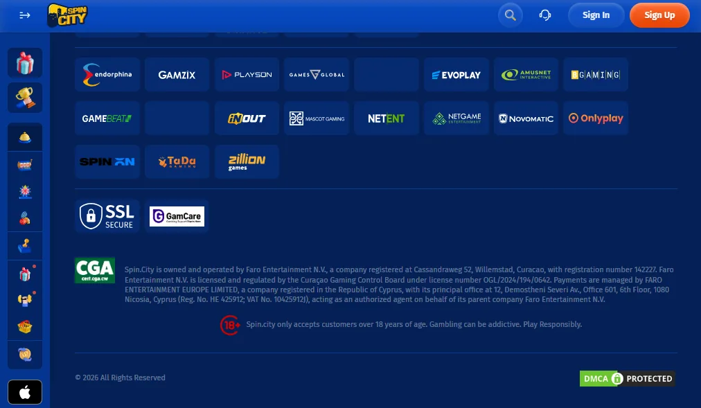 Screenshot of Spin City's footer licence and regulator details