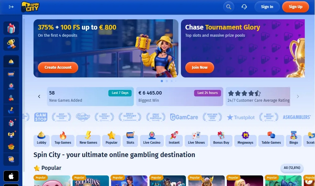 Screenshot of Spin City's homepage