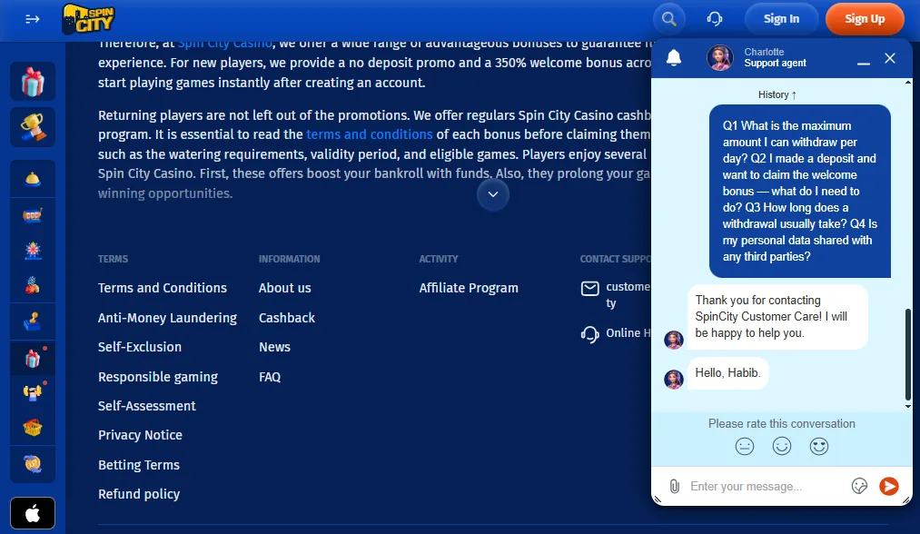Screenshot of Spin City's live chat support window