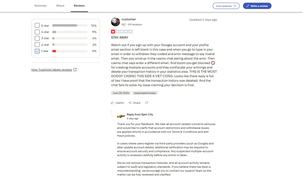 Screenshot of Spin City's negative Trustpilot review