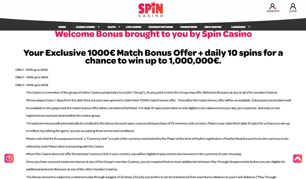 Screenshot of Spin Casino's bonus terms and wagering requirements