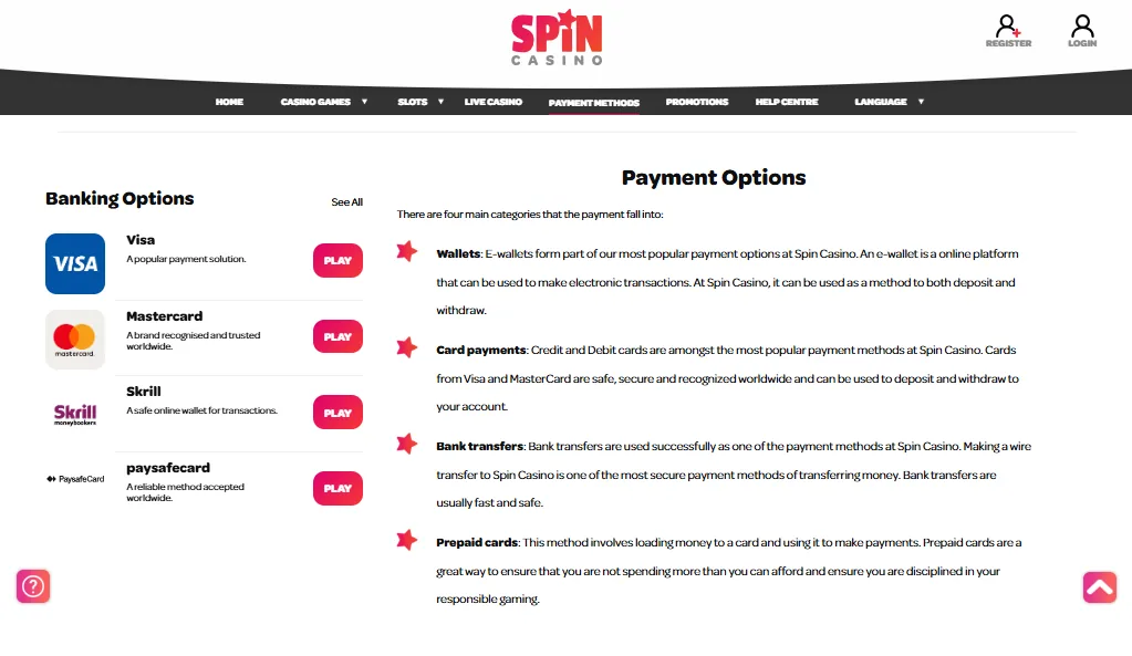 Screenshot of Spin Casino's cashier and payment methods