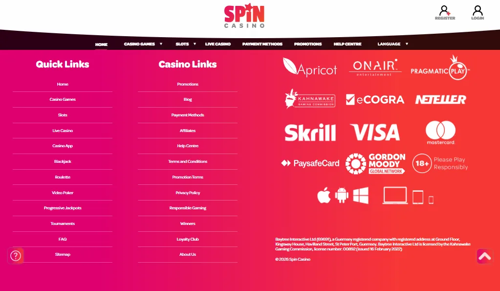 Screenshot of Spin Casino's footer licence and regulator details
