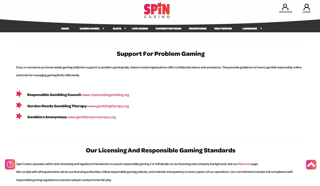 Screenshot of Spin Casino's responsible-gambling tools