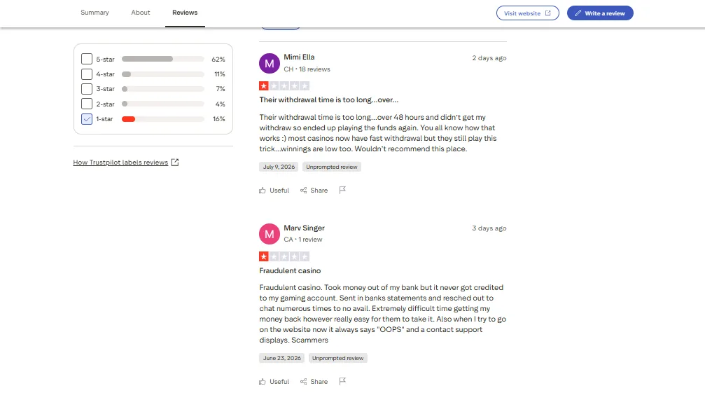 Screenshot of Spin Casino's negative Trustpilot review