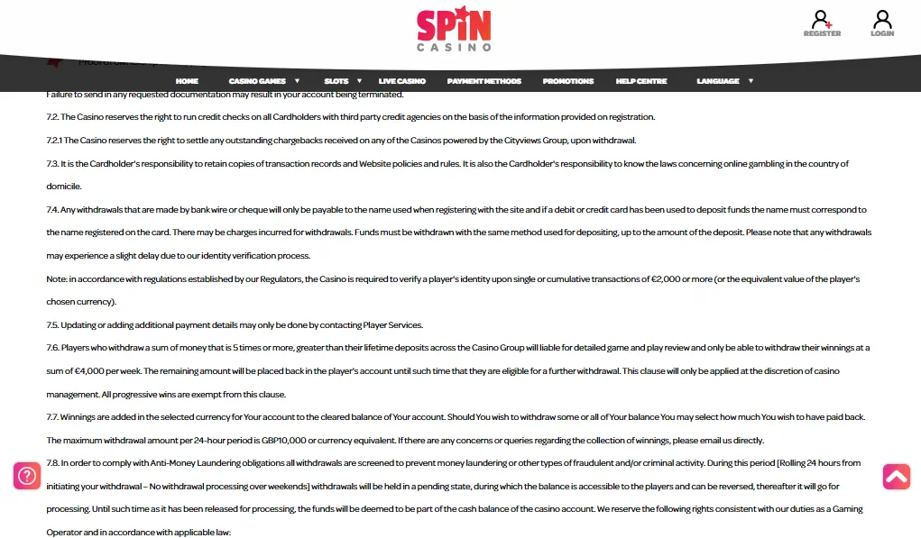 Screenshot of Spin Casino's withdrawal section and limits