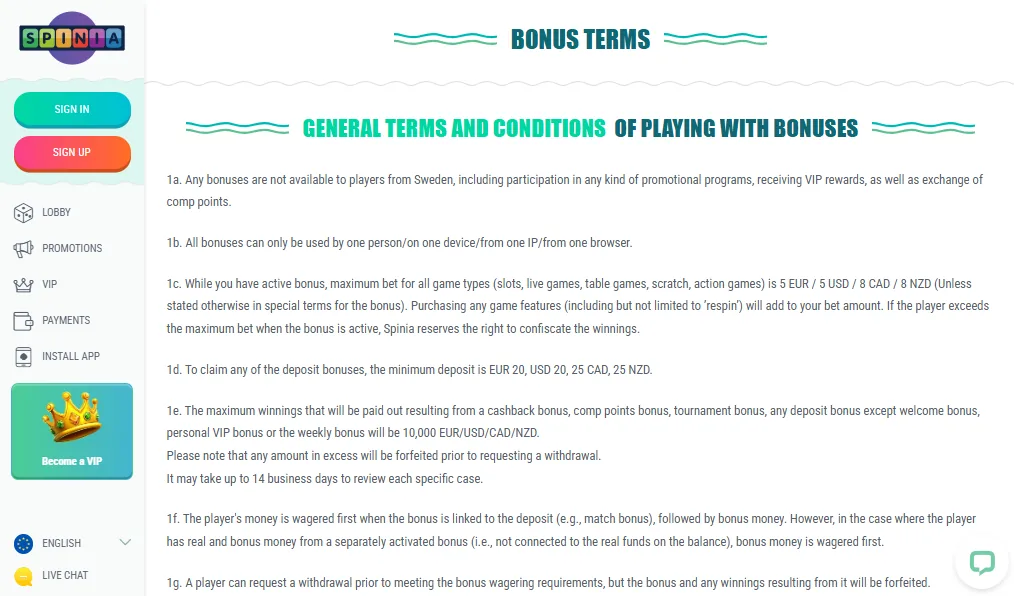Screenshot of Spinia's bonus terms and wagering requirements