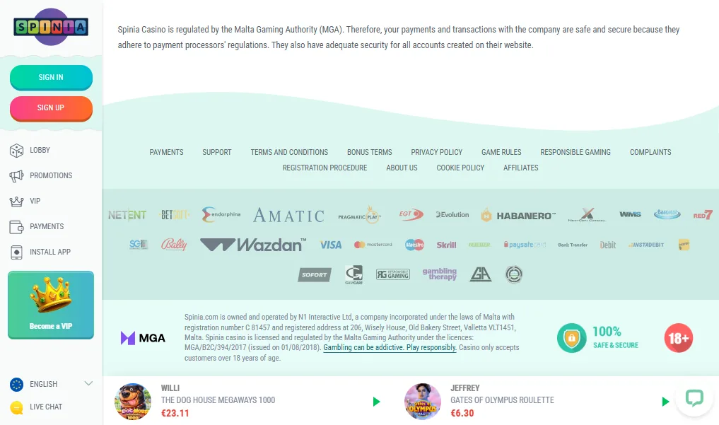 Screenshot of Spinia's footer licence and regulator details