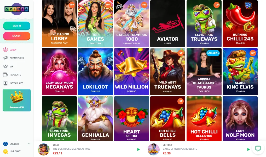 Screenshot of Spinia's games lobby