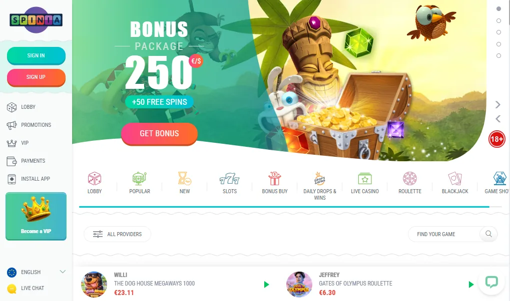 Screenshot of Spinia's homepage
