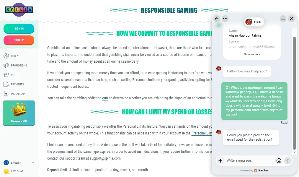 Screenshot of Spinia's live chat support window