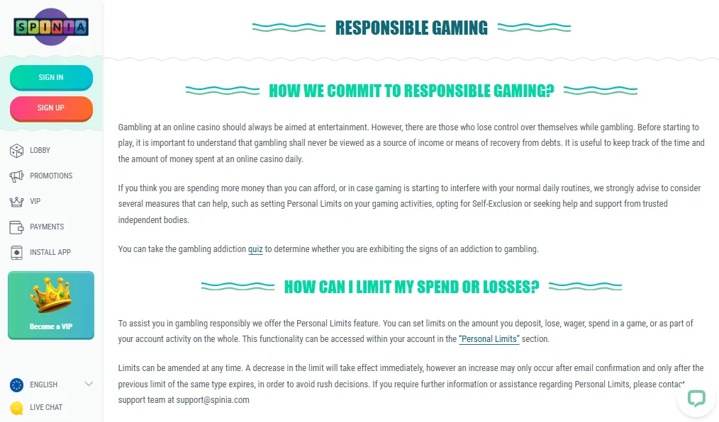 Screenshot of Spinia's responsible-gambling tools
