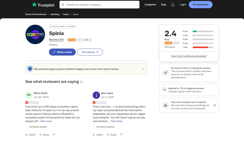 Screenshot of Spinia's Trustpilot rating overview