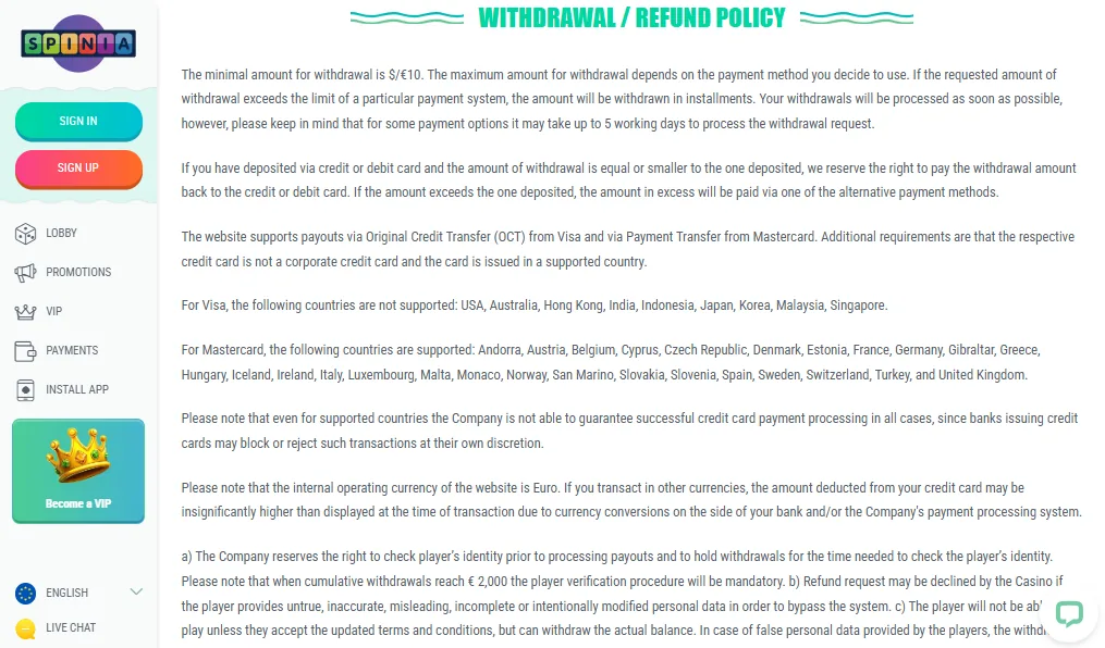 Screenshot of Spinia's withdrawal section and limits