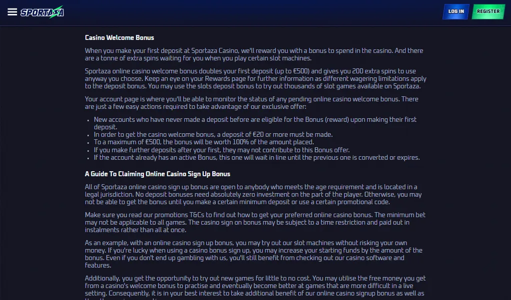 Screenshot of Sportaza's bonus terms and wagering requirements