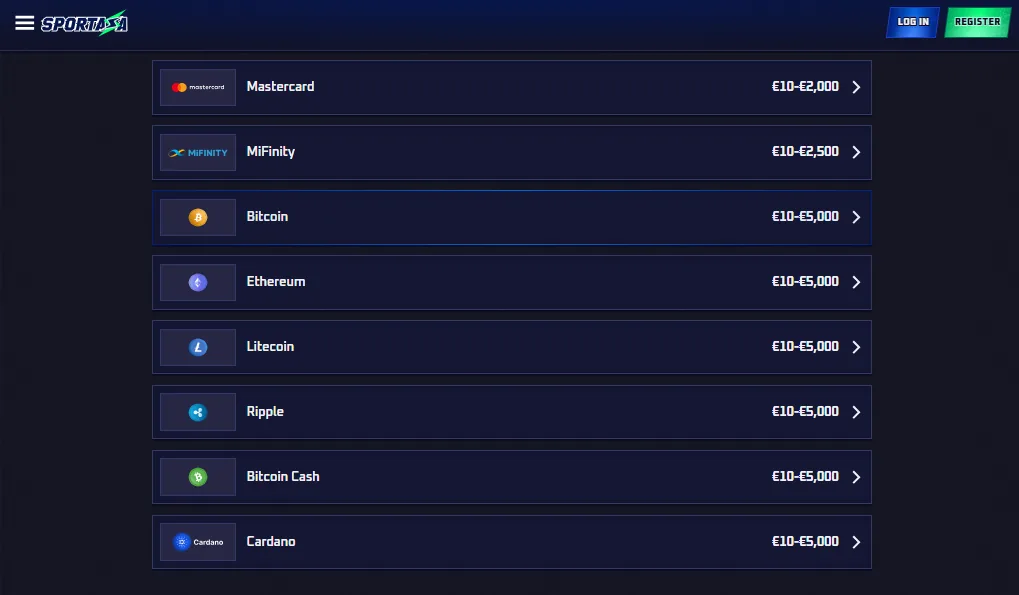 Screenshot of Sportaza's cashier and payment methods