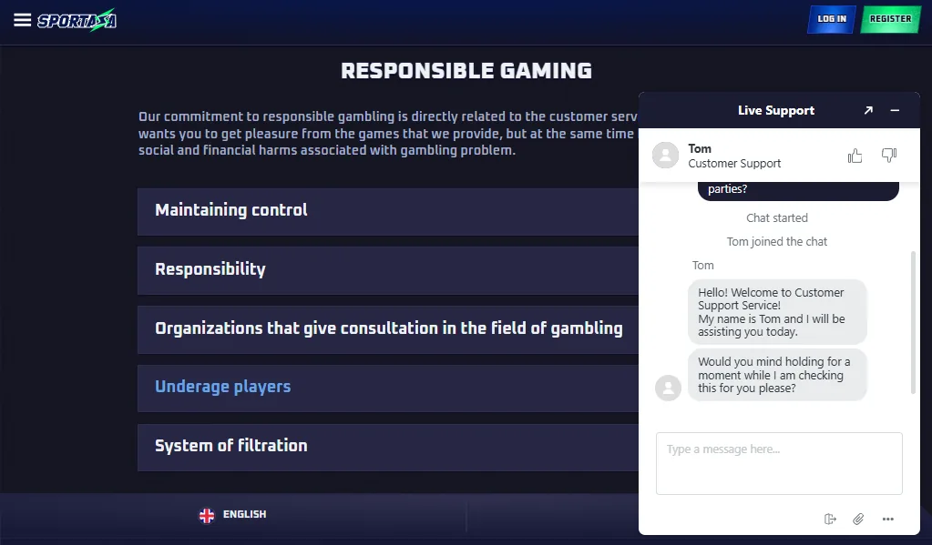 Screenshot of Sportaza's live chat support window