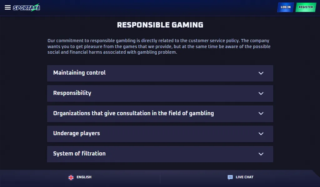 Screenshot of Sportaza's responsible-gambling tools
