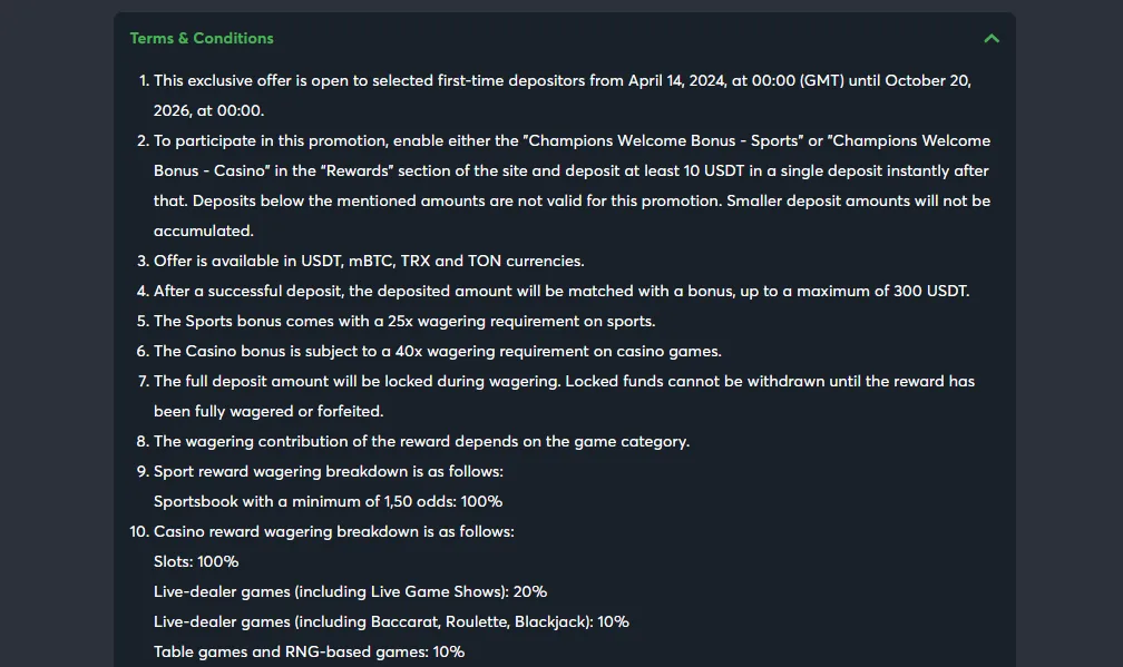 Screenshot of Sportsbet.io's bonus terms and wagering requirements