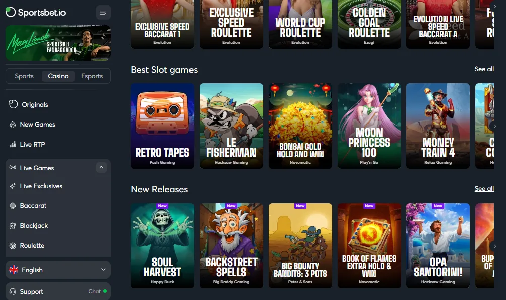 Screenshot of Sportsbet.io's games lobby