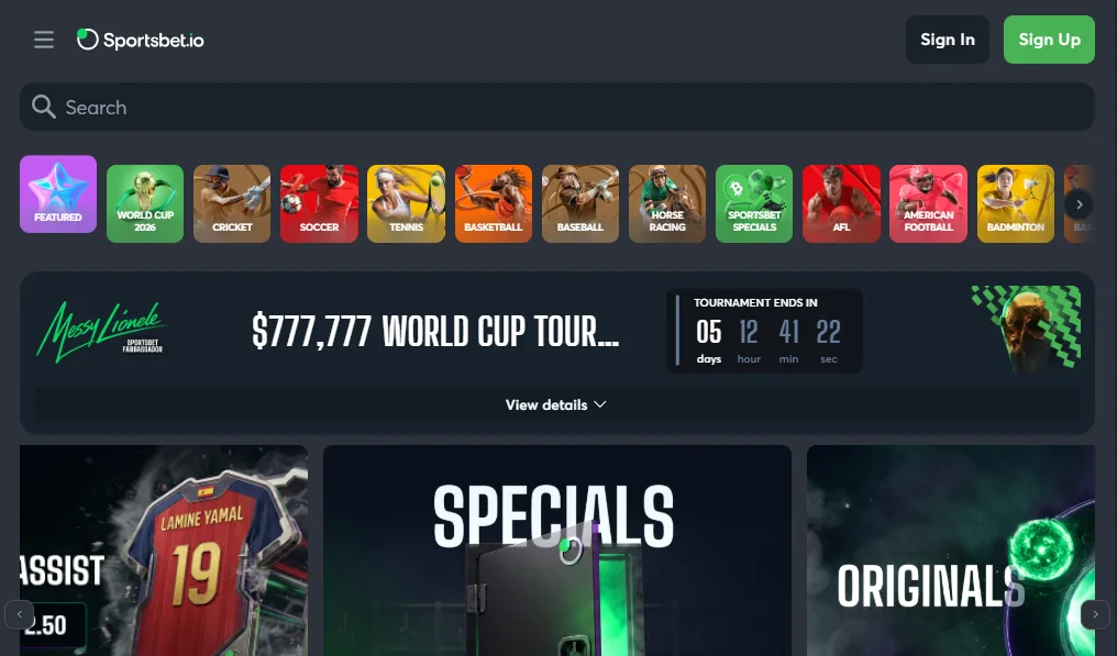 Screenshot of Sportsbet.io's homepage