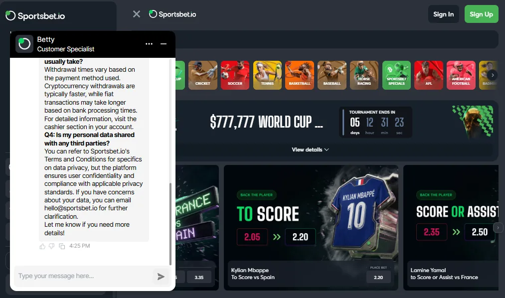 Screenshot of Sportsbet.io's live chat support window