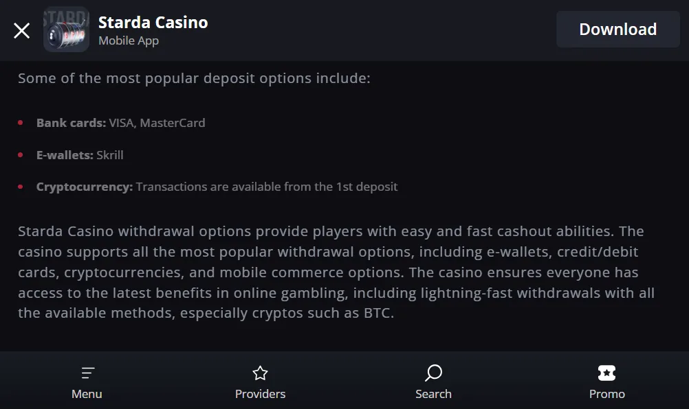 Screenshot of Starda's cashier and payment methods