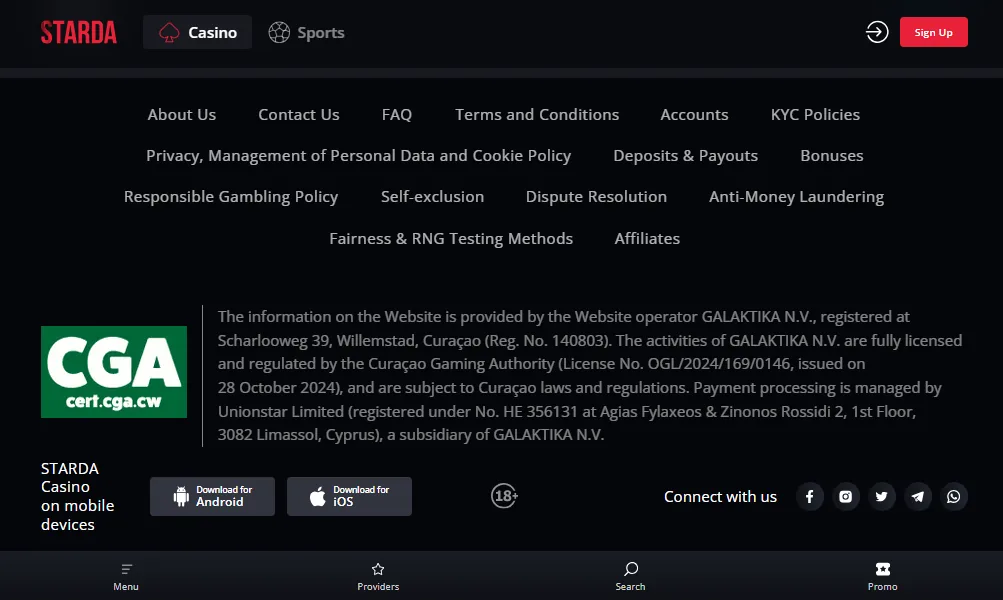 Screenshot of Starda's footer licence and regulator details