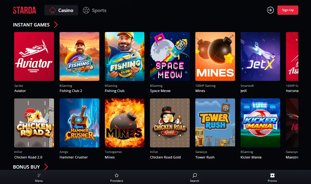 Screenshot of Starda's games lobby