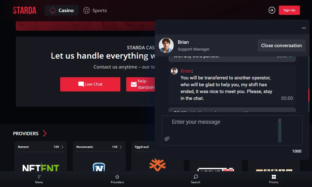Screenshot of Starda's live chat support window
