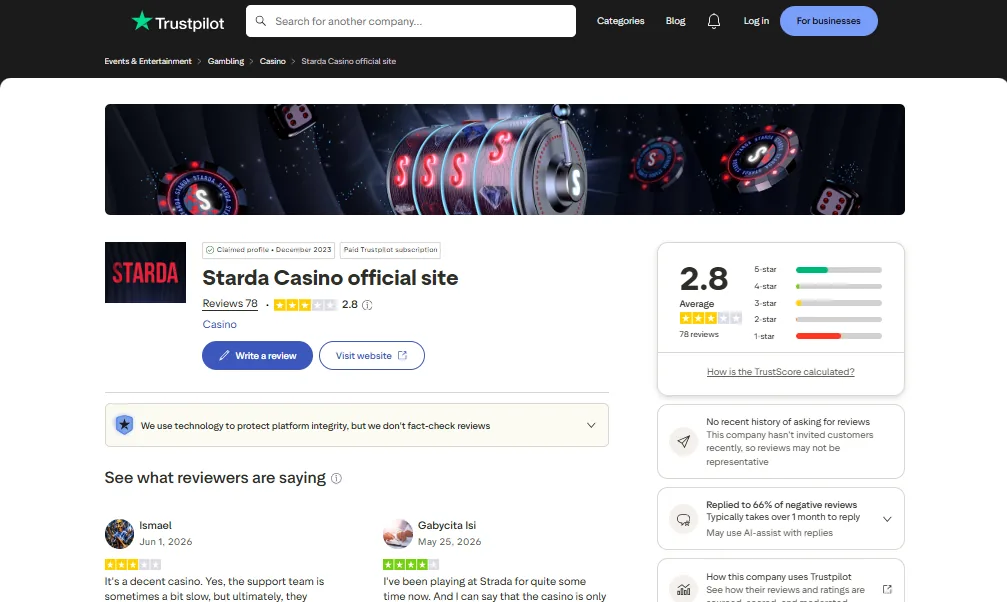 Screenshot of Starda's Trustpilot rating overview