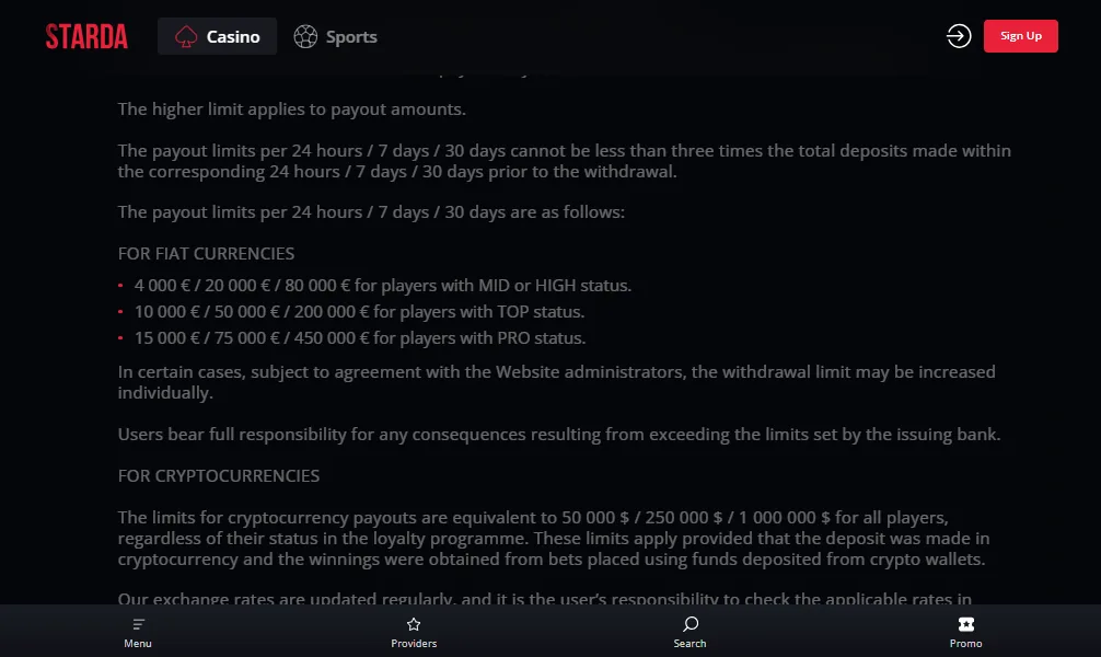 Screenshot of Starda's withdrawal section and limits