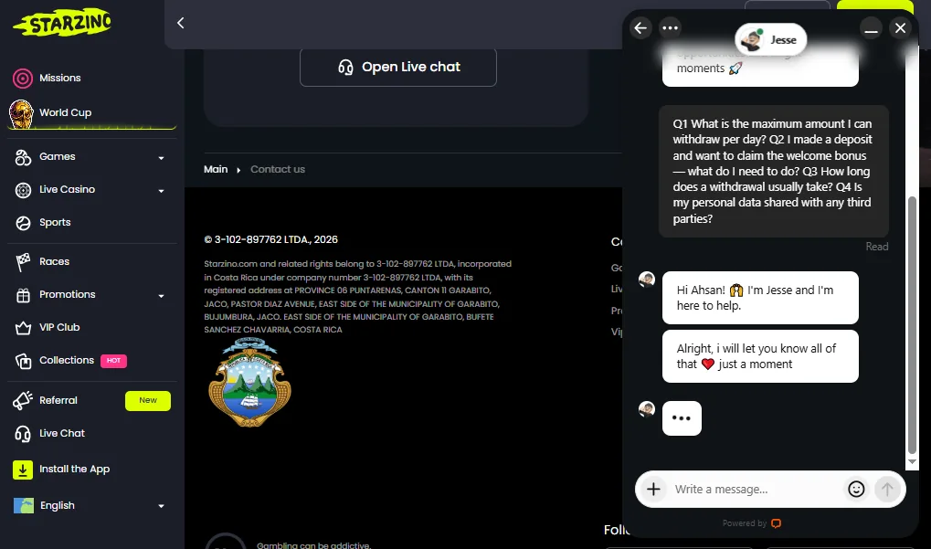 Screenshot of Starzino's live chat support window