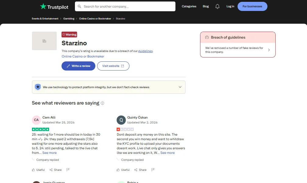 Screenshot of Starzino's Trustpilot rating overview
