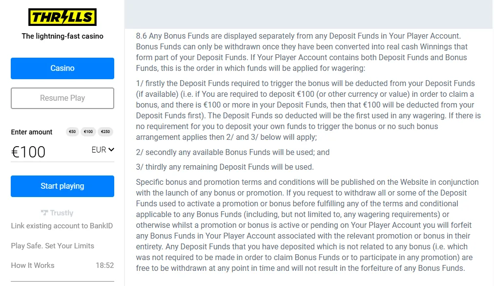 Screenshot of Thrills's bonus terms and wagering requirements