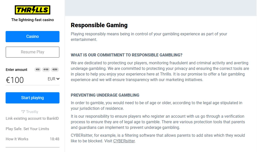 Screenshot of Thrills's responsible-gambling tools