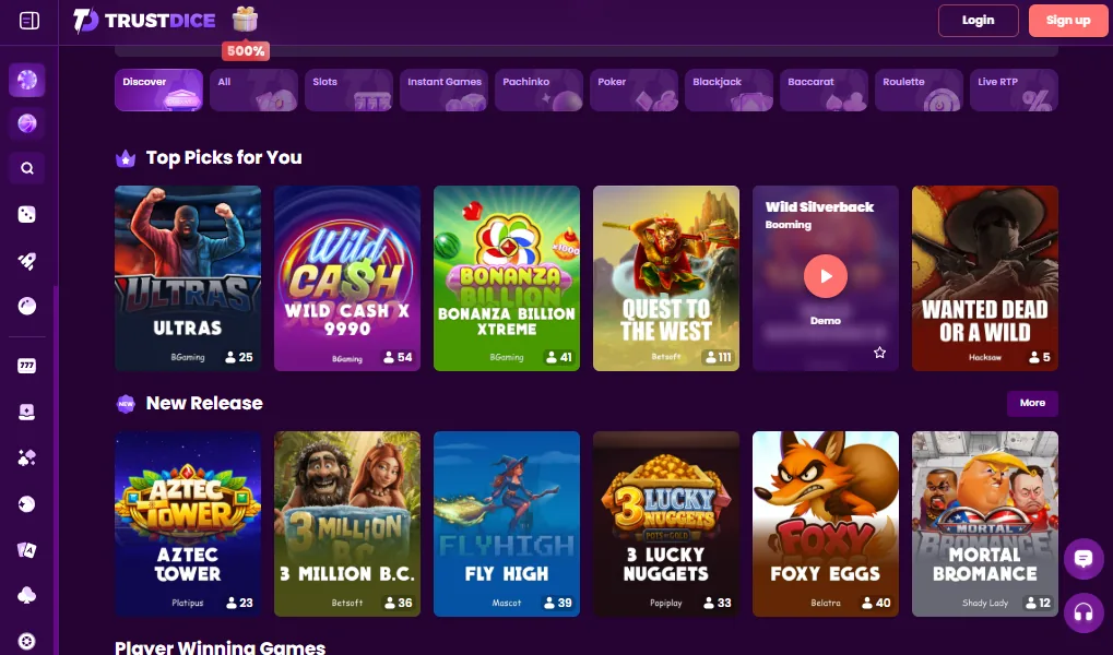 Screenshot of TrustDice's games lobby