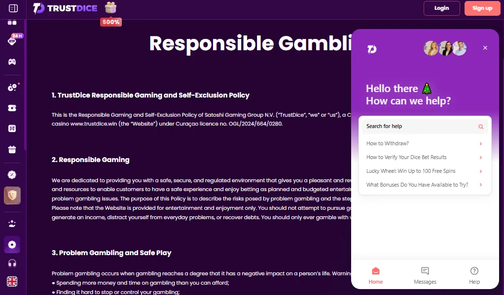 Screenshot of TrustDice's live chat support window
