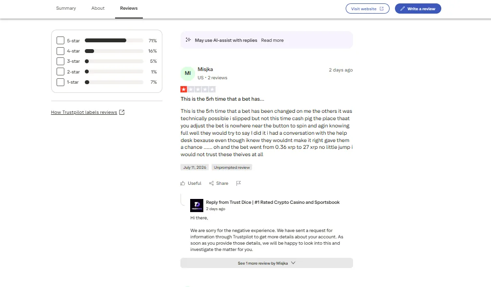 Screenshot of TrustDice's negative Trustpilot review