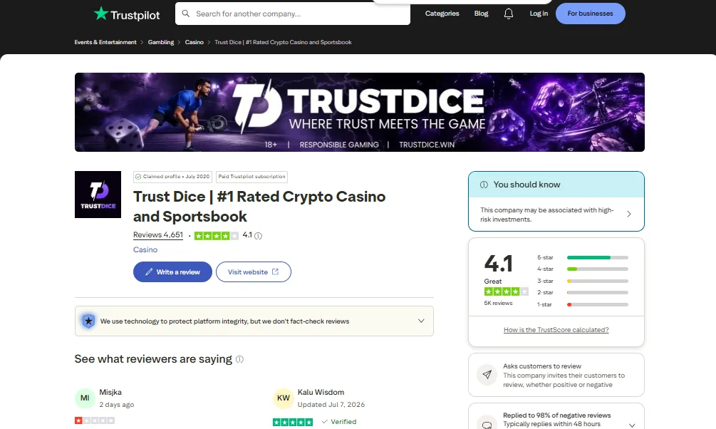 Screenshot of TrustDice's Trustpilot rating overview