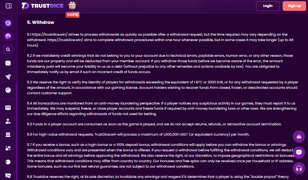 Screenshot of TrustDice's withdrawal section and limits
