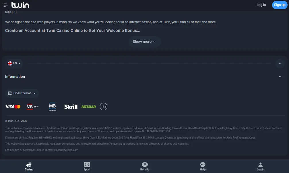 Screenshot of Twin Casino's cashier and payment methods