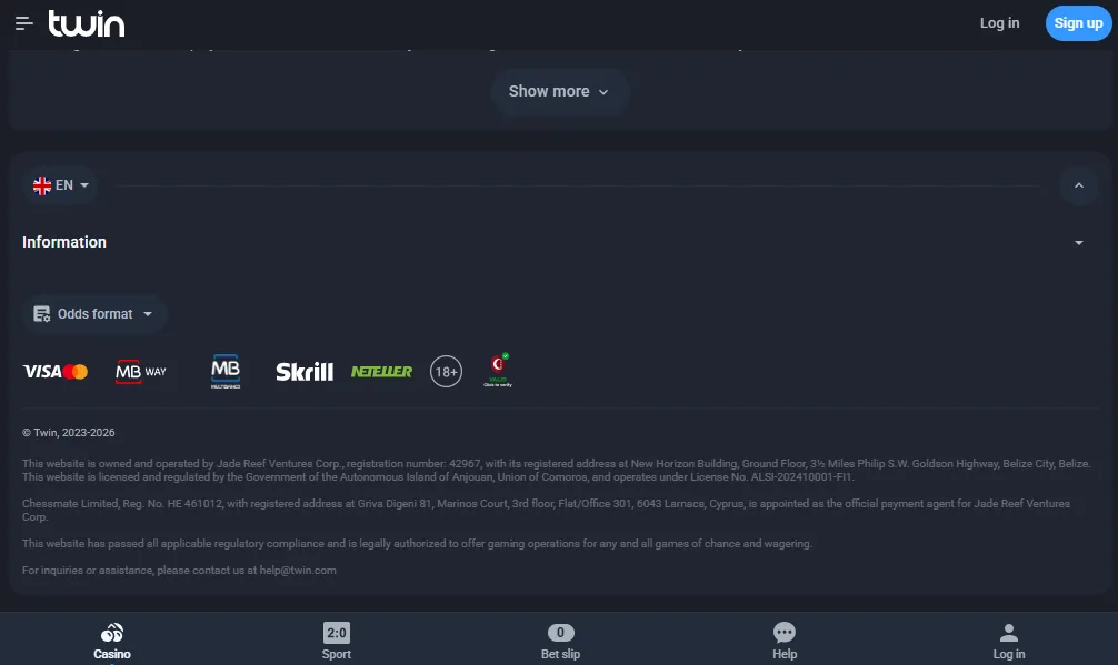 Screenshot of Twin Casino's footer licence and regulator details