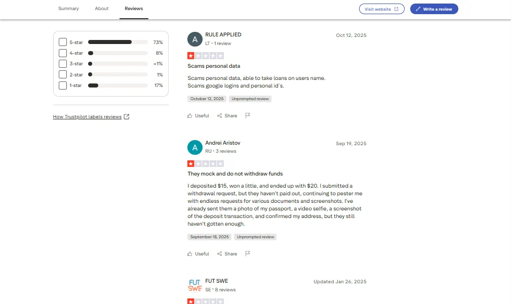 Screenshot of Twin Casino's negative Trustpilot review