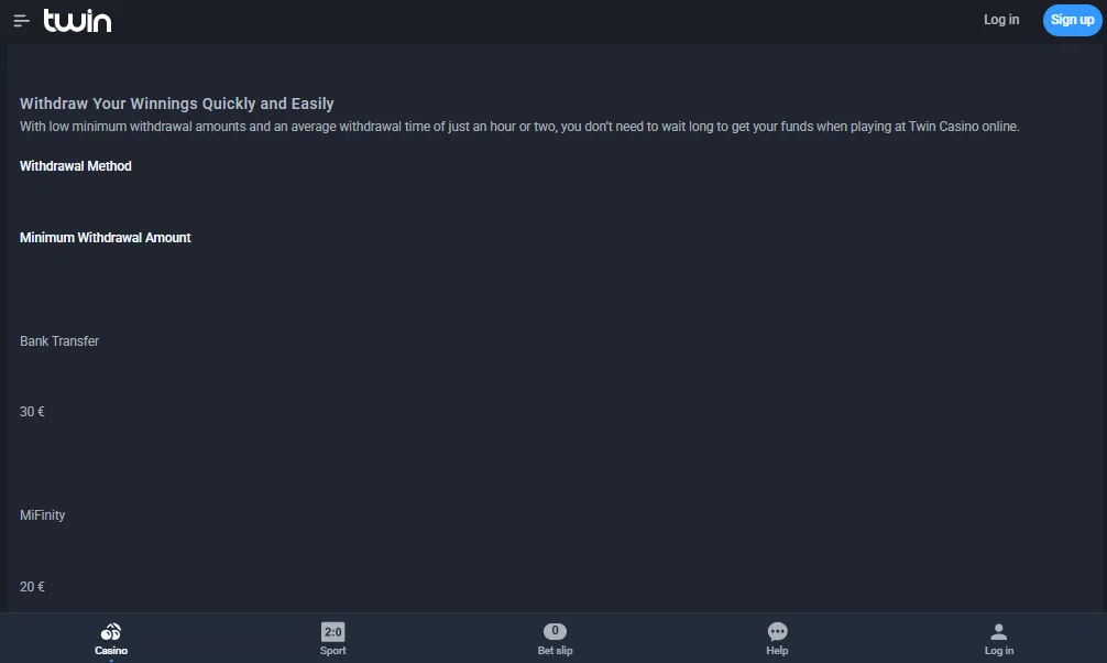 Screenshot of Twin Casino's withdrawal section and limits