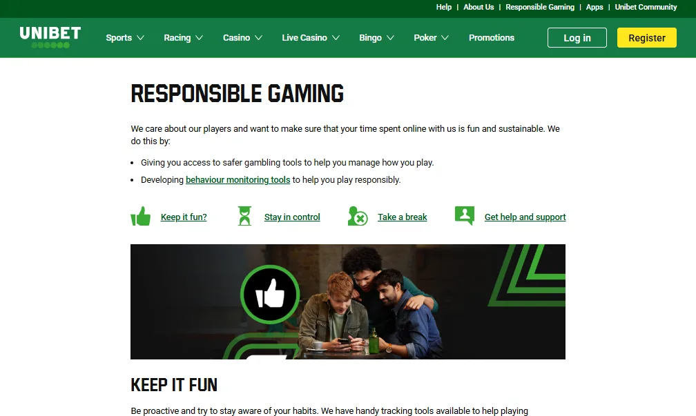 Screenshot of Unibet's responsible-gambling tools
