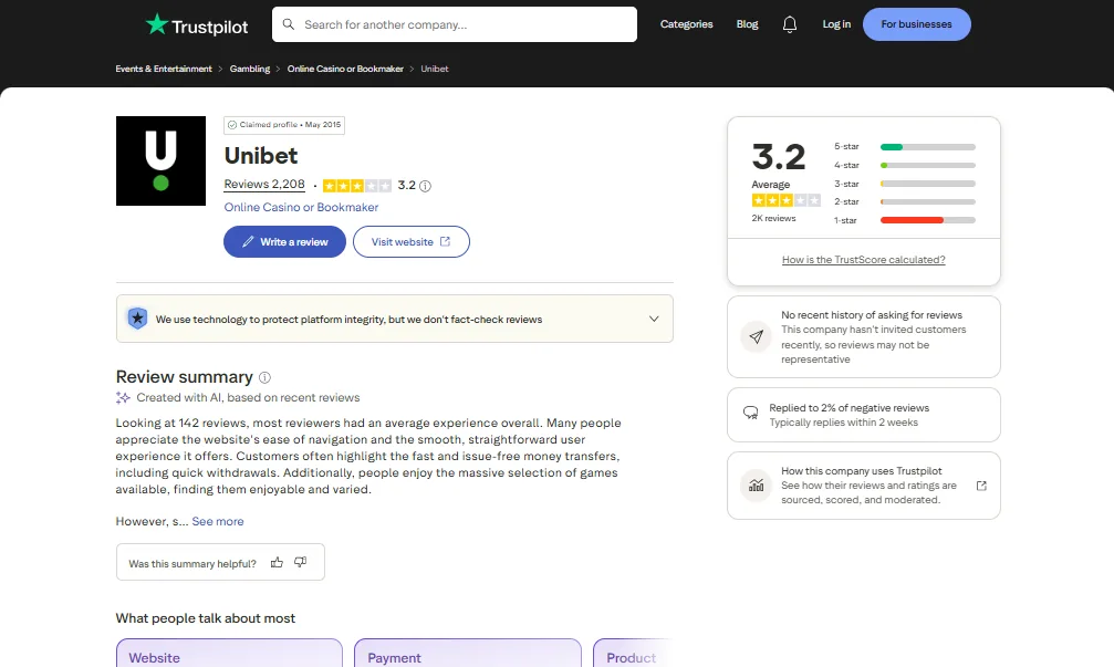 Screenshot of Unibet's Trustpilot rating overview