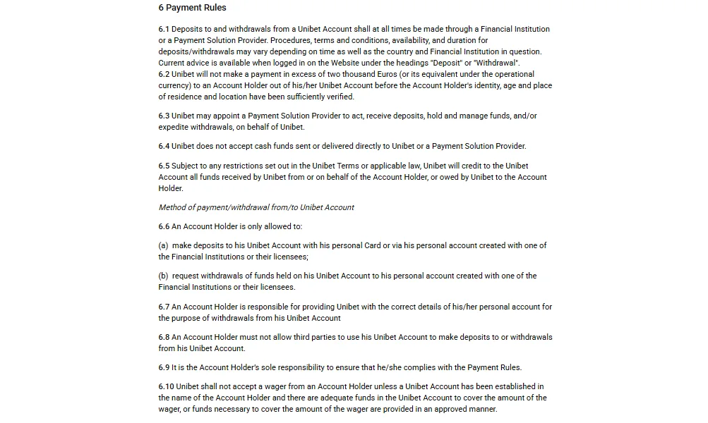 Screenshot of Unibet's withdrawal section and limits
